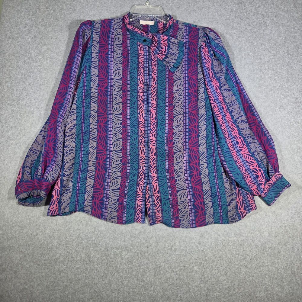 Vintage 80s Act I Originals Pussybow Blouse Magenta Teal Stripe Leaf Secretary